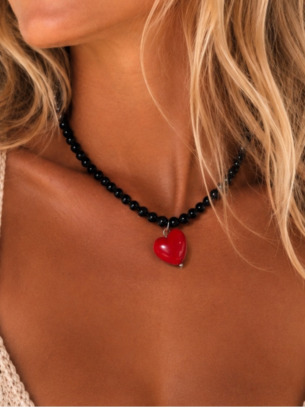 NEW Black Beaded Red Heart Charm Pendant Necklace Girlhood Coquette Laying Love